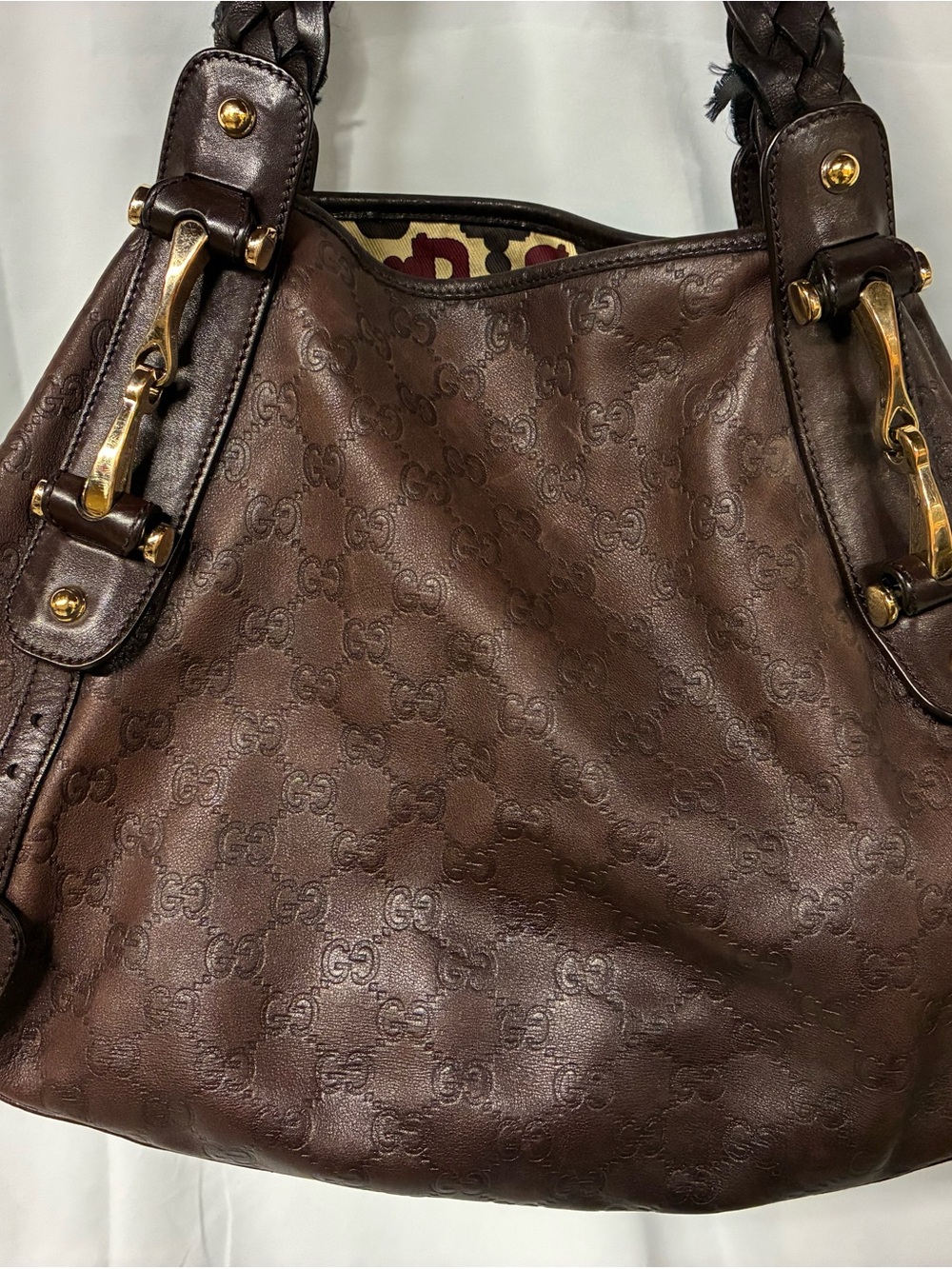 Gucci Dark Brown Braided-Handle Monogram Shoulder Bag - Picture 9 of 10